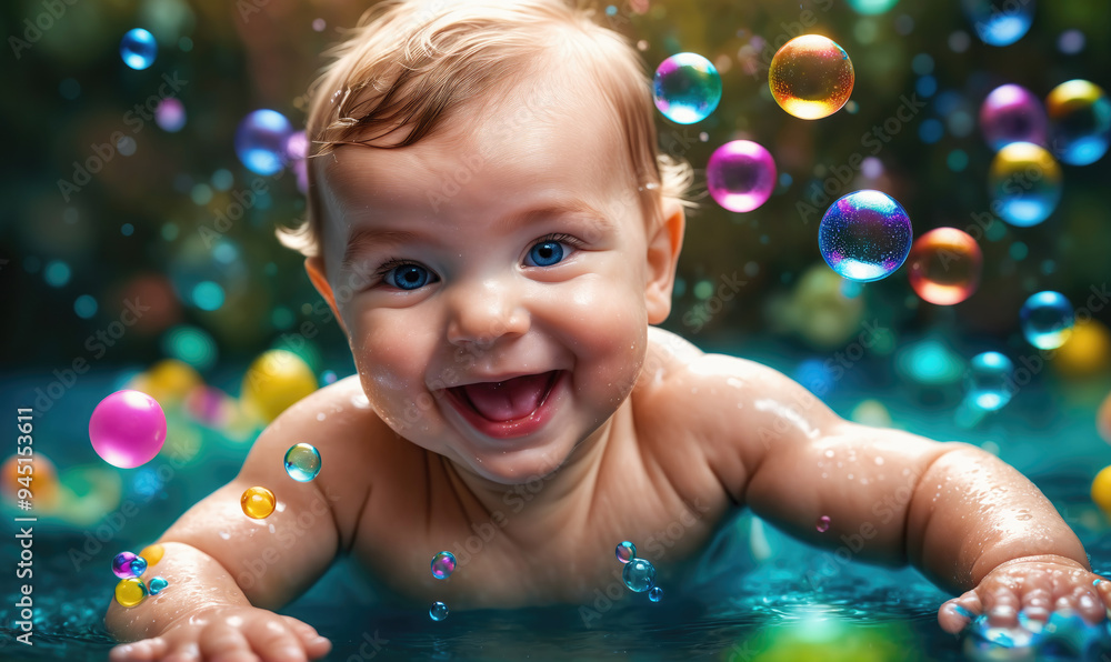 A happy baby plays in a pool with colorful bubbles A happy baby plays in a pool with colorful bubbles