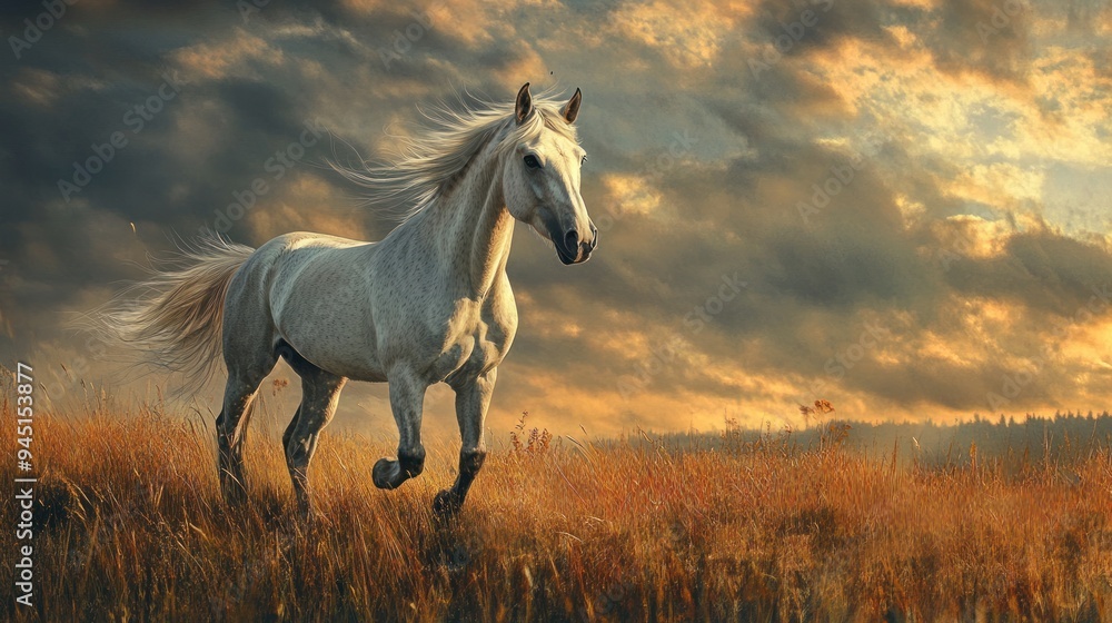 White Horse Running Through a Field at Sunset