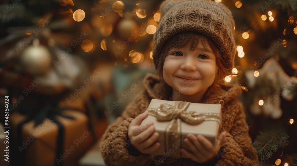 portrait of a cute child, holding gift, Christmas decorations and lights, Christmas concept portrait of a cute child, holding gift, Christmas decorations and lights, Christmas concept