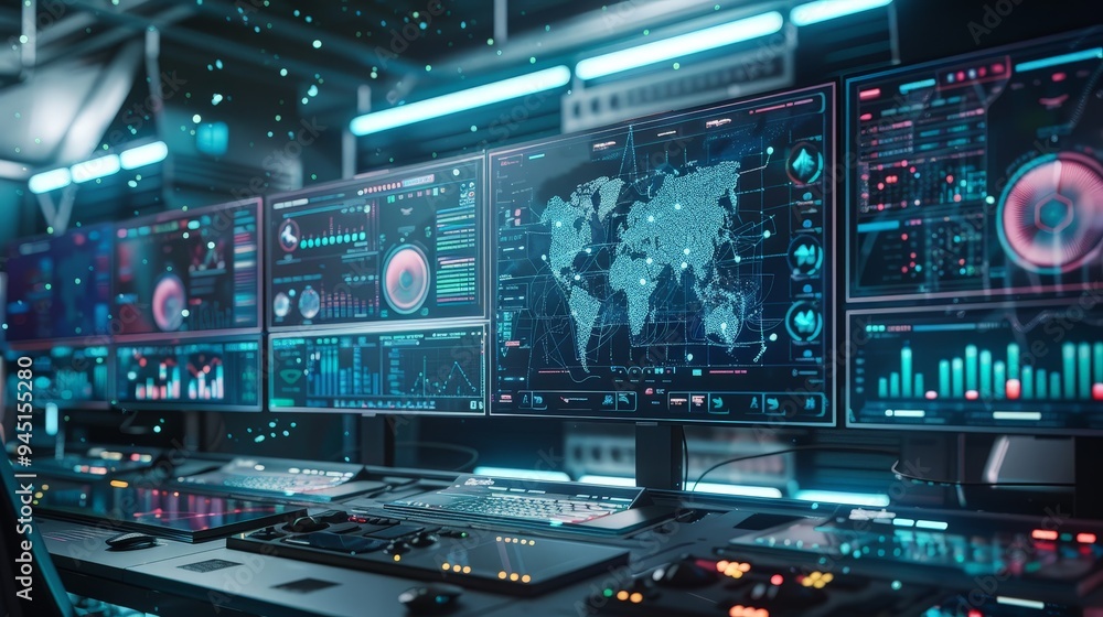 An advanced AI system analyzing data on multiple screens, providing insights and predictions. An advanced AI system analyzing data on multiple screens, providing insights and predictions.