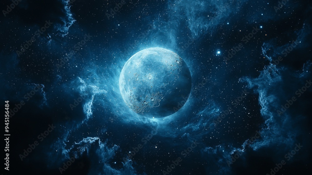 Mystical space scene with the moon at the center, surrounded by nebulae and stars, deep cosmic ambiance Mystical space scene with the moon at the center, surrounded by nebulae and stars, deep cosmic ambiance