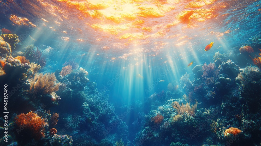 Fototapeta premium Abstract Wallpaper Capturing the Mysterious Atmosphere of the Ocean's Depths with Ethereal Rays of Light Piercing Through the Dark Waters. Perfect for Creating a Serene and Enigmatic Ambiance in Any S