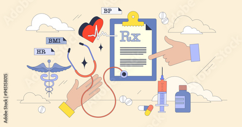 Medical abbreviation for prescription writing tiny neubrutalism hands concept. Pharmacy signs and symbols for receipt paperwork faster writing vector illustration. Rx, HR, BMI or other doctor records