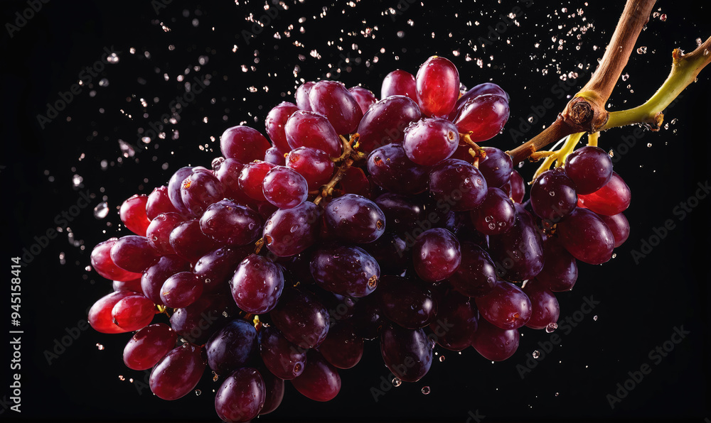 A bunch of red grapes is being splashed with water against a black background A bunch of red grapes is being splashed with water against a black background