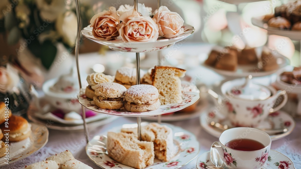 An elegant adult high tea event with a selection of teas, pastries, and sandwiches. The setting includes a beautifully set table, fine china An elegant adult high tea event with a selection of teas, pastries, and sandwiches. The setting includes a beautifully set table, fine china