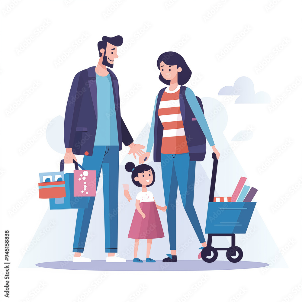 Happy Family Shopping Together Cartoon Illustration Happy Family Shopping Together Cartoon Illustration