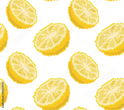 Seamless pixel pattern with lemon halves of different sizes in vector. Ideal for game and retro design, packaging, textiles and digital art projects.