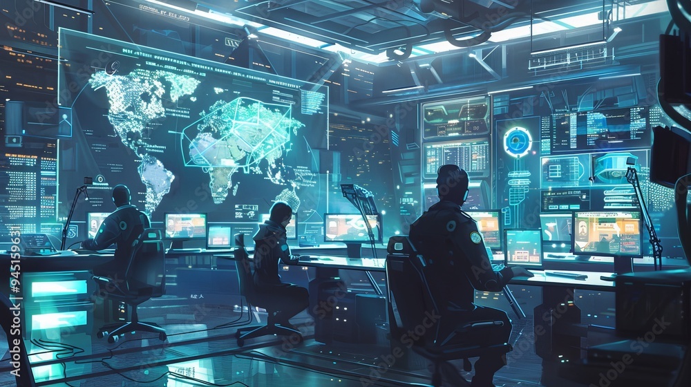 An illustration of a futuristic workspace featuring holographic displays, advanced computers, and robotic assistants. An illustration of a futuristic workspace featuring holographic displays, advanced computers, and robotic assistants.