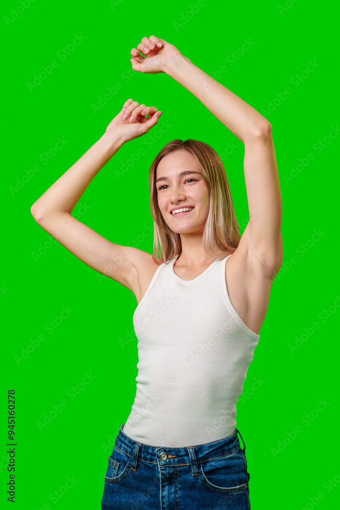 Smiling Woman Dancing In Front of Green Screen Smiling Woman Dancing In Front of Green Screen