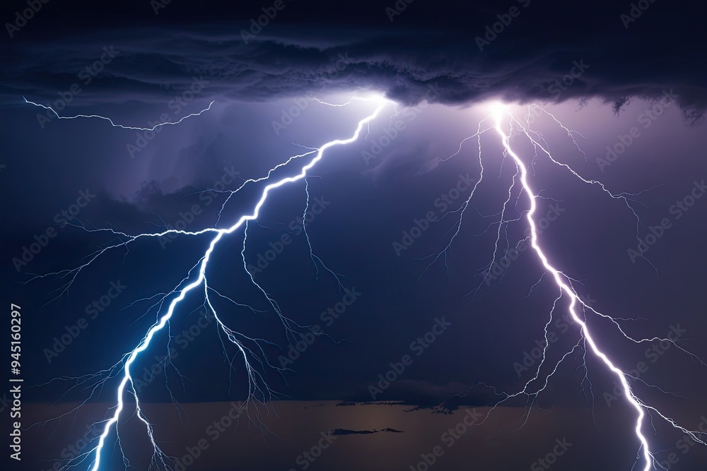 Fototapeta premium Night Storm Lightning Strike Blue Thunderbolt Electric Energy Effect