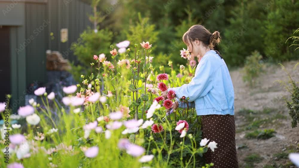 A woman enjoys a serene moment while gathering flowers in a beautiful mountain garden. The lush surroundings and vibrant blooms create a peaceful and picturesque scene A woman enjoys a serene moment while gathering flowers in a beautiful mountain garden. The lush surroundings and vibrant blooms create a peaceful and picturesque scene