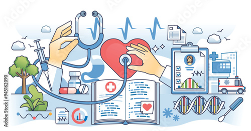 Medical terminology and patient disease history writing outline hands concept. Doctor communication language using specific medicine terms and words vector illustration. Healthcare records meaning.