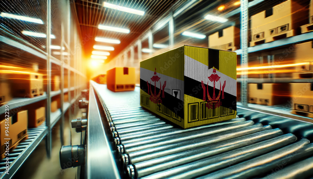 A package with the Brunei flag design moves along a conveyor belt in a brightly lit warehouse, symbolizing logistics, shipping, and e-commerce operations A package with the Brunei flag design moves along a conveyor belt in a brightly lit warehouse, symbolizing logistics, shipping, and e-commerce operations