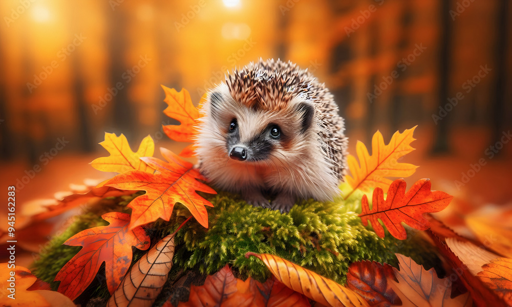 Ein Igel sitzt in einem herbstlichen Wald auf Herbstlaub Ein Igel sitzt in einem herbstlichen Wald auf Herbstlaub
