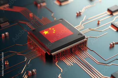 A microchip featuring Chinese flag symbolizes China’s dominance in technology and AI.