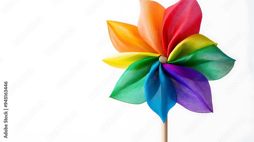A rainbow pinwheel with wooden stick isolated on a white background. A rainbow pinwheel with wooden stick isolated on a white background.
