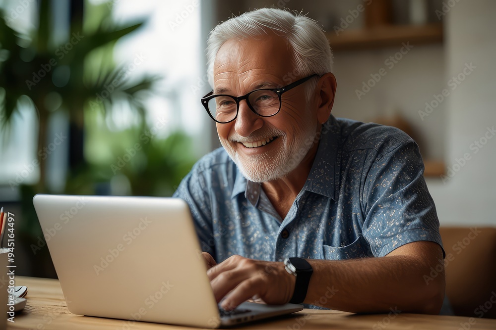senior man working on laptop with happy mood senior man working on laptop with happy mood