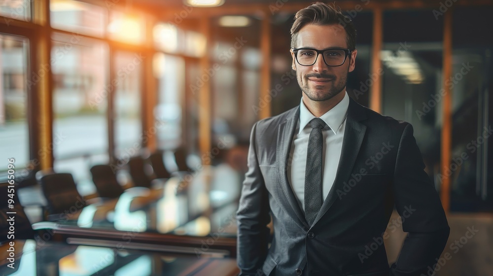 Naklejka premium A confident businessman in a suit stands in a modern office setting.