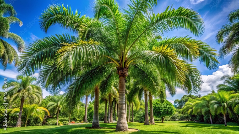 A majestic queen palm tree stands tall, its sturdy trunk supporting a lush canopy of vibrant green fronds that sway gently in the breeze. A majestic queen palm tree stands tall, its sturdy trunk supporting a lush canopy of vibrant green fronds that sway gently in the breeze.