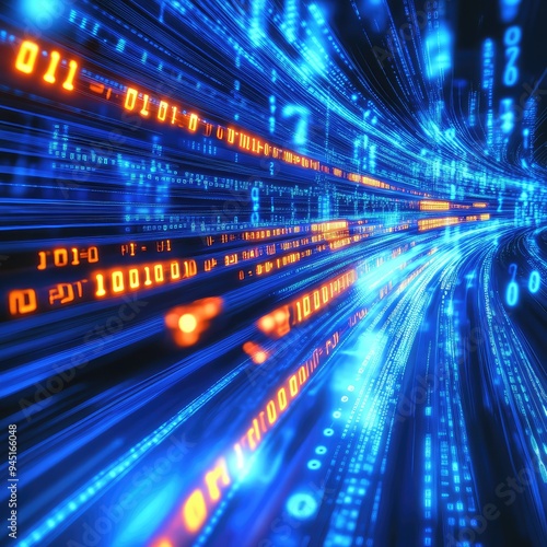 Digital telecommunication networks, highlighting data packets, binary code, and digital signals in motion.