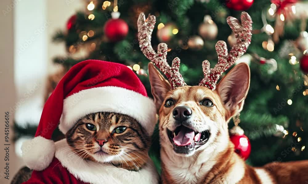 Сute cat and dog in christmas atmosphere. Сute cat and dog in christmas atmosphere.