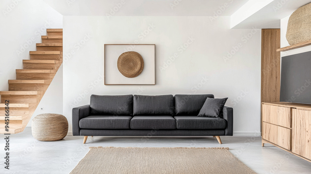 Contemporary living room interiors with a black sofa, minimalist decor and wooden elements. Interior design composition for Real Estate projects. Contemporary living room interiors with a black sofa, minimalist decor and wooden elements. Interior design composition for Real Estate projects.