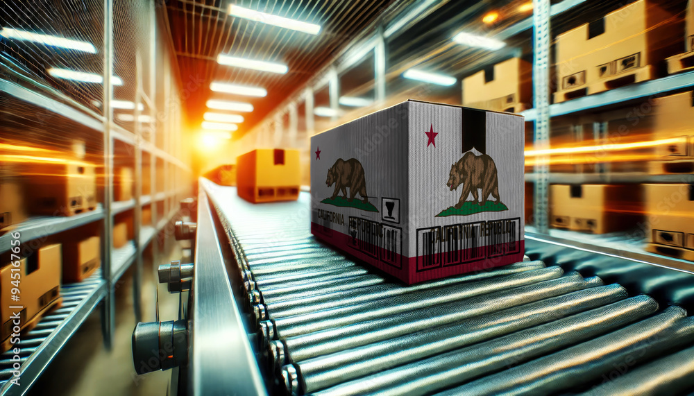 A package with the California flag design moves along a conveyor belt in a brightly lit warehouse, symbolizing logistics, shipping, and e-commerce operations A package with the California flag design moves along a conveyor belt in a brightly lit warehouse, symbolizing logistics, shipping, and e-commerce operations