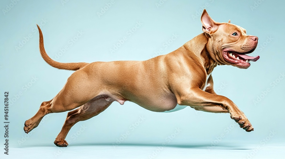 Brown Pit Bull Terrier Dog Running in Mid-Air Brown Pit Bull Terrier Dog Running in Mid-Air