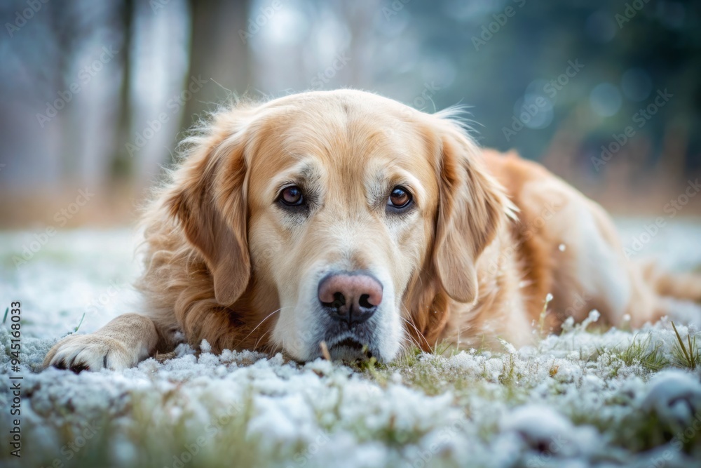 A photo image of a mournful golden retriever lying still on a patch of frozen grass, snowflakes gently falling around its lifeless body. A photo image of a mournful golden retriever lying still on a patch of frozen grass, snowflakes gently falling around its lifeless body.