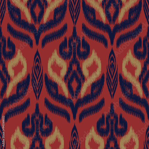 Ikat seamless pattern, geometric design, motif ethnic handmade, Ikat ethnic tribal, boho colors seamless wallpaper. Ethnic Ikat abstract background art, greeting cards, printing products.