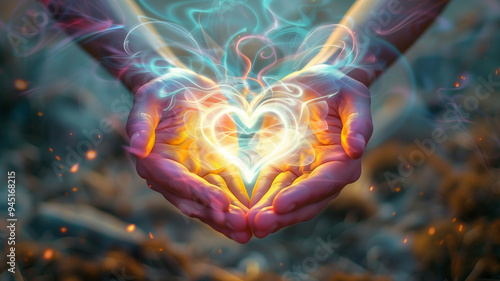 A mesmerizing visualization of the heart chakra, depicted as a radiant heart held within open palms.