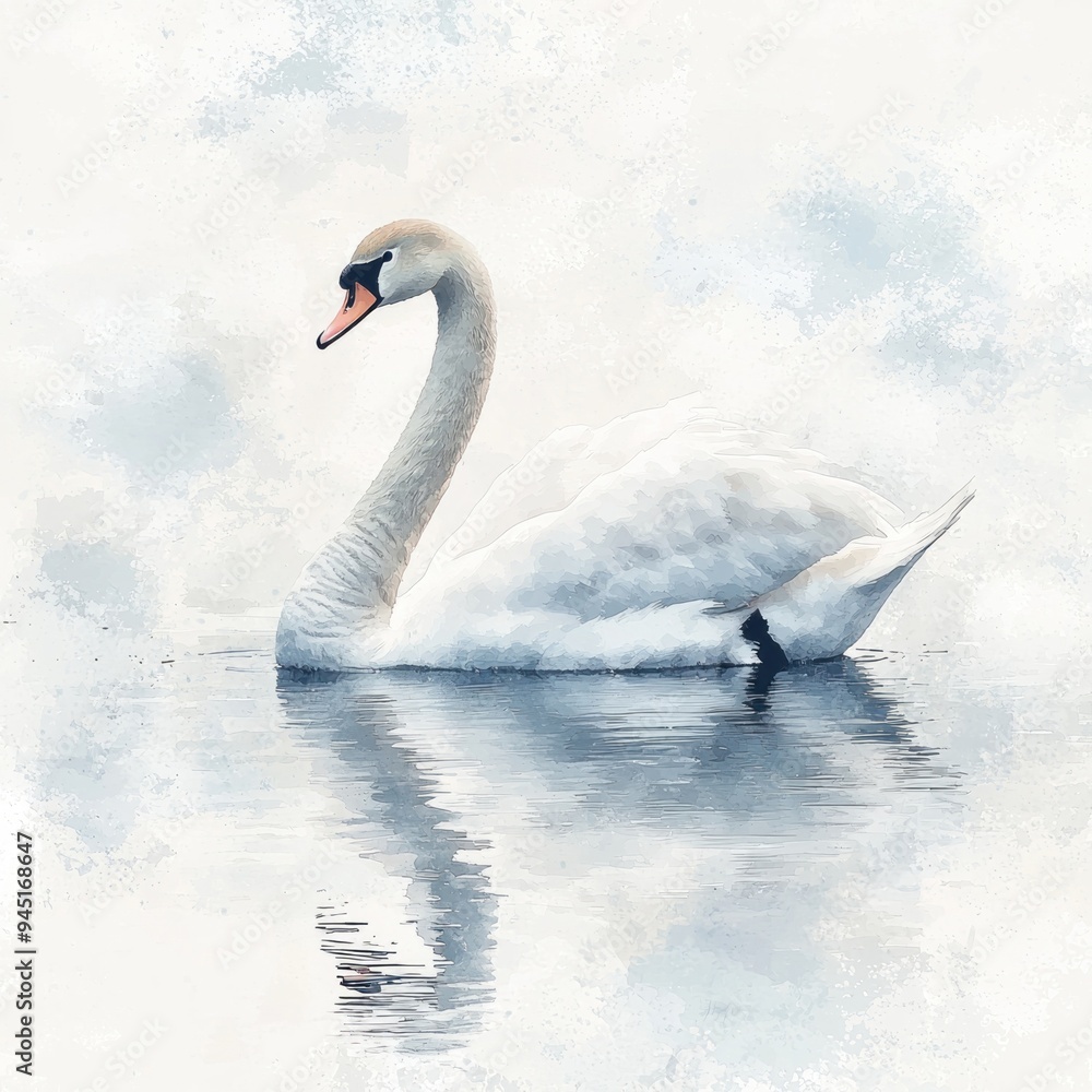 Fototapeta premium A high-quality photo of a graceful swan gliding across a still pond, depicted in watercolor clipart style. The swan's elegant posture and smooth feathers are illustrated with soft pastels, creating a