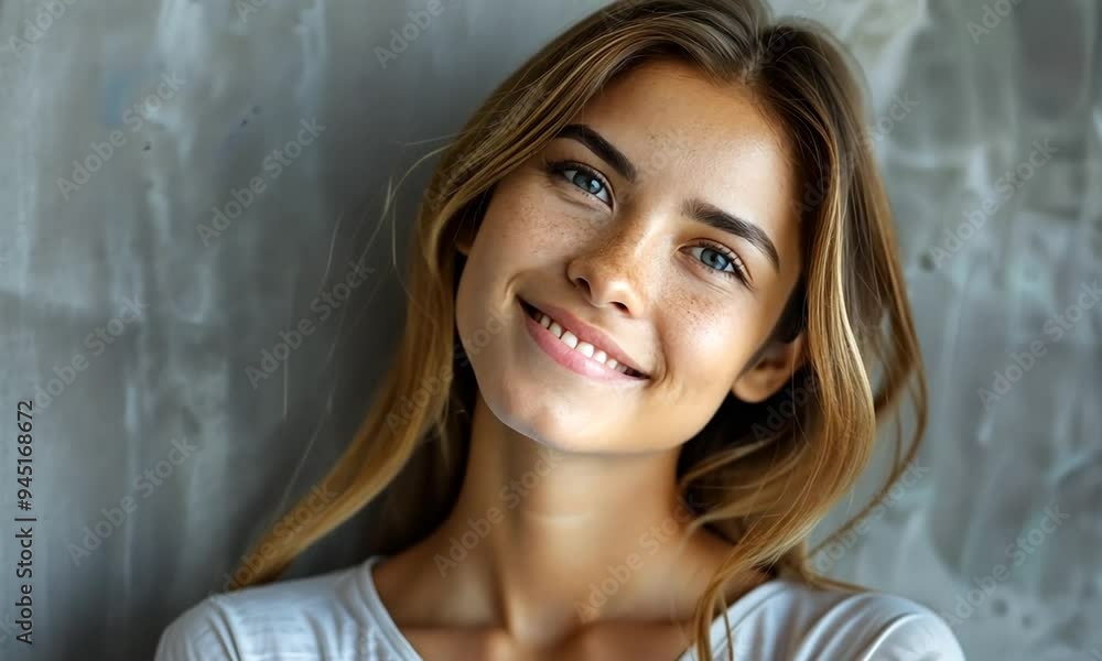 A young woman with charming freckles and striking blue eyes shares a warm smile, illuminated by soft light that highlights her natural beauty and serene expression A young woman with charming freckles and striking blue eyes shares a warm smile, illuminated by soft light that highlights her natural beauty and serene expression
