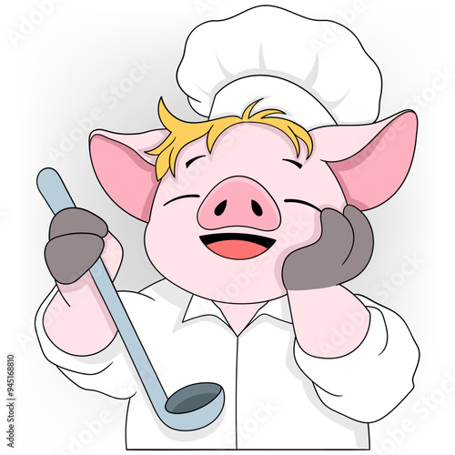 pig wearing chef clothes promoting delicious food