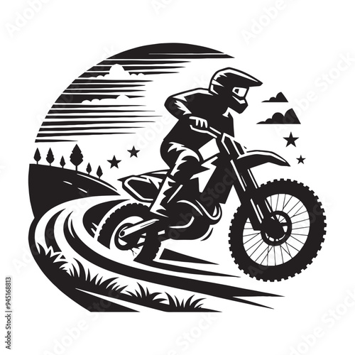 Dynamic Dirt Bike Rider Silhouette with Scarf in Action on Off-Road Track in Minimalist Style Illustration