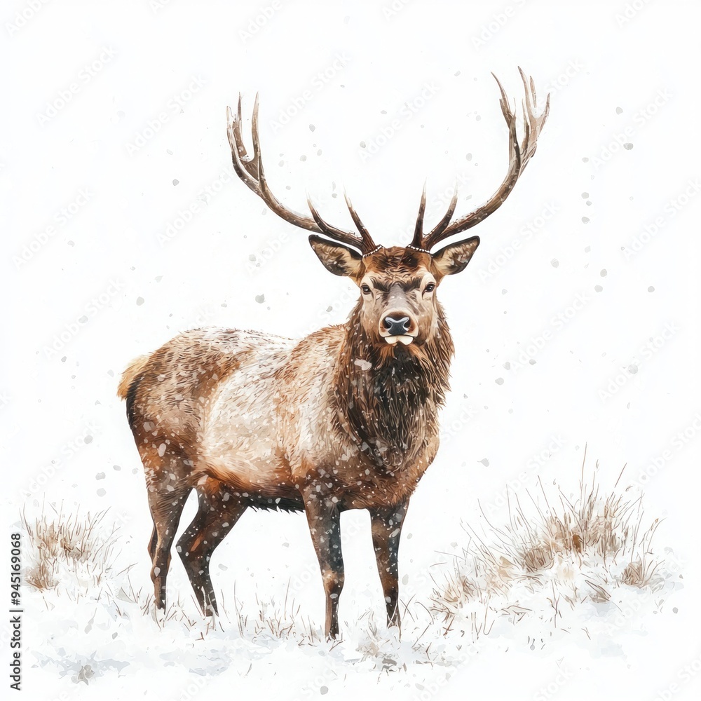 A realistic high-resolution photo of a majestic stag standing in a snowy landscape, rendered in watercolor clipart style. The stag's impressive antlers and thick fur are depicted with soft A realistic high-resolution photo of a majestic stag standing in a snowy landscape, rendered in watercolor clipart style. The stag's impressive antlers and thick fur are depicted with soft