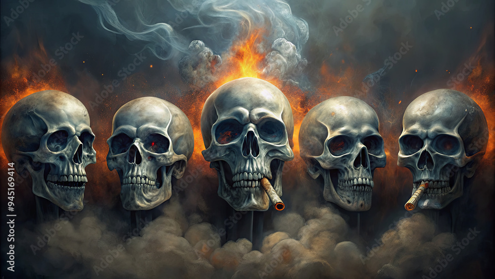 A striking arrangement of five skulls emits an eerie glow from their red eyes, surrounded by flames and swirling smoke, creating a haunting and intense environment A striking arrangement of five skulls emits an eerie glow from their red eyes, surrounded by flames and swirling smoke, creating a haunting and intense environment
