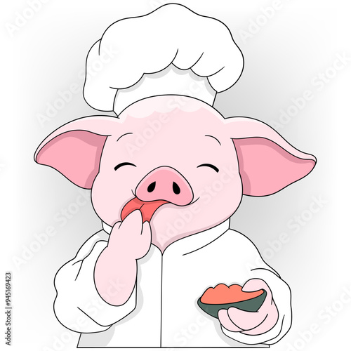 pig wearing chef clothes promoting delicious food