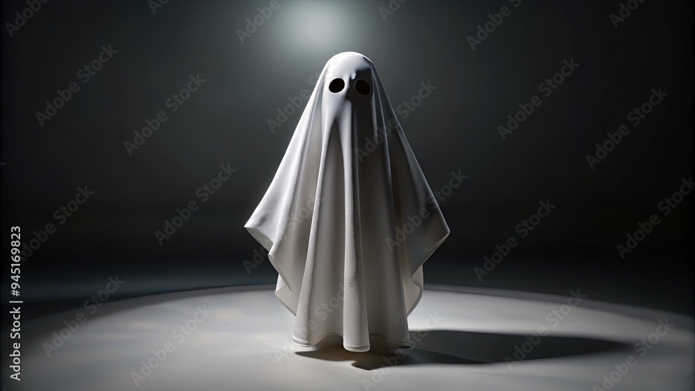 A ghostly figure draped in white fabric stands eerily in a dimly lit space, illuminated by a single spotlight, creating an atmosphere of suspense and intrigue A ghostly figure draped in white fabric stands eerily in a dimly lit space, illuminated by a single spotlight, creating an atmosphere of suspense and intrigue