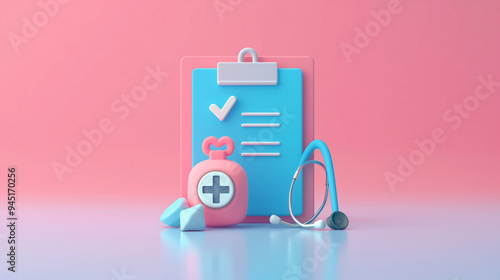3D illustration of icon medical online check up checklist 