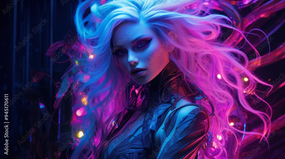 Beautiful futuristic blonde mystical woman in blue and pink neon lights. Neural network ai generated art Beautiful futuristic blonde mystical woman in blue and pink neon lights. Neural network ai generated art