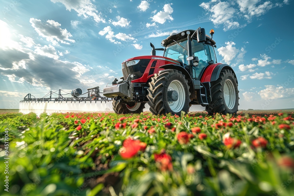 Red Tractor Spraying a Field of Flowers Red Tractor Spraying a Field of Flowers