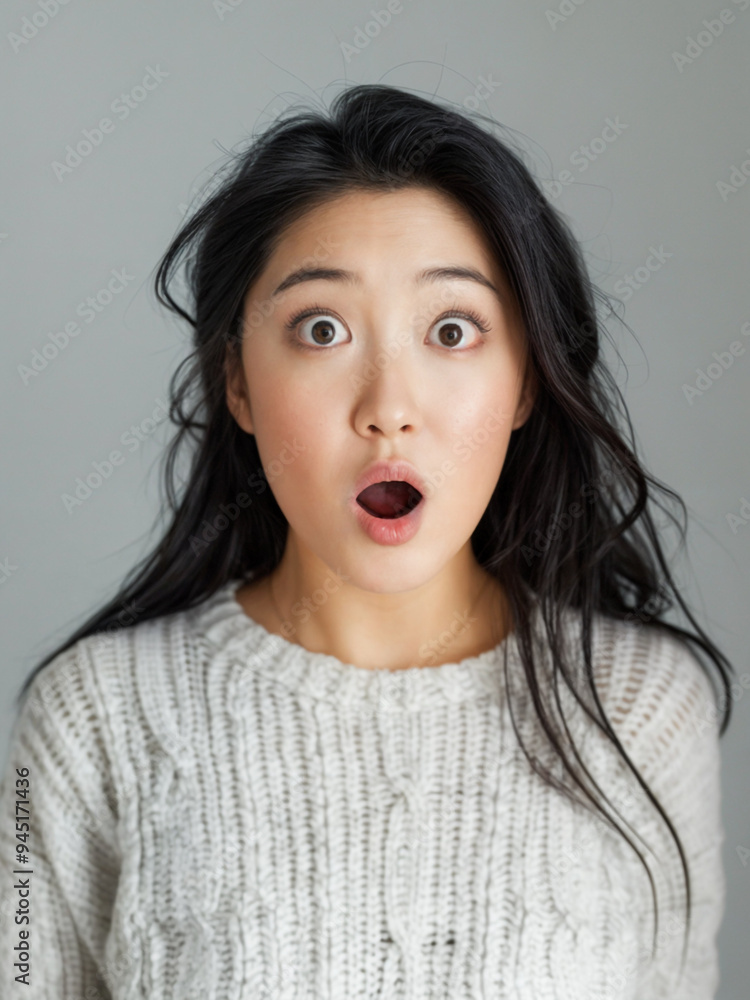 An asian woman with black hair and a white sweater opens her mouth wide in surprise. She is standing against a gray wall. An asian woman with black hair and a white sweater opens her mouth wide in surprise. She is standing against a gray wall.