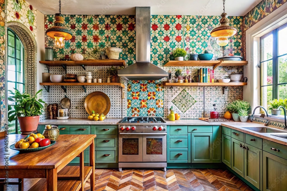 eclectic kitchen with bold logo pattern on a vintage-inspired Moroccan ...