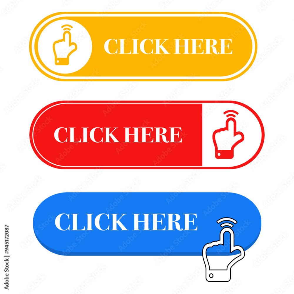 Click here button set. Vector illustration. Click here button set. Vector illustration.