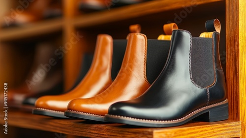 Close-up of elegant brown and black leather Chelsea boots displayed on a wooden shelf in a shoe store, showcasing premium craftsmanship.
