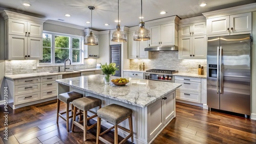 A beautifully renovated kitchen features crisp white cabinets, elegant granite countertops, and a spacious center island, perfect for food preparation and socializing. photo