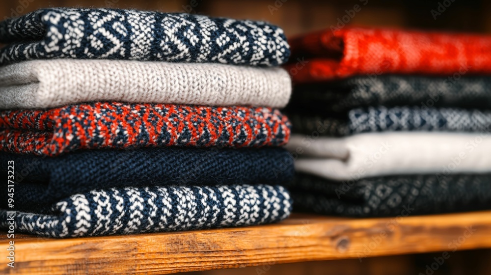 Close-up of folded woolen sweaters with traditional Nordic patterns stacked neatly on a wooden shelf. Close-up of folded woolen sweaters with traditional Nordic patterns stacked neatly on a wooden shelf.