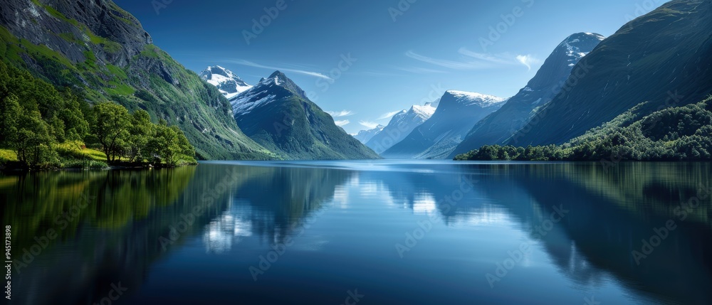 Serene Mountain Lake Reflections in Minimalist Photo Serene Mountain Lake Reflections in Minimalist Photo