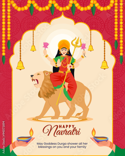happy Navratri durga puja indian festival marigold leaf garland decoration poster, banner, flyer, greeting card, post